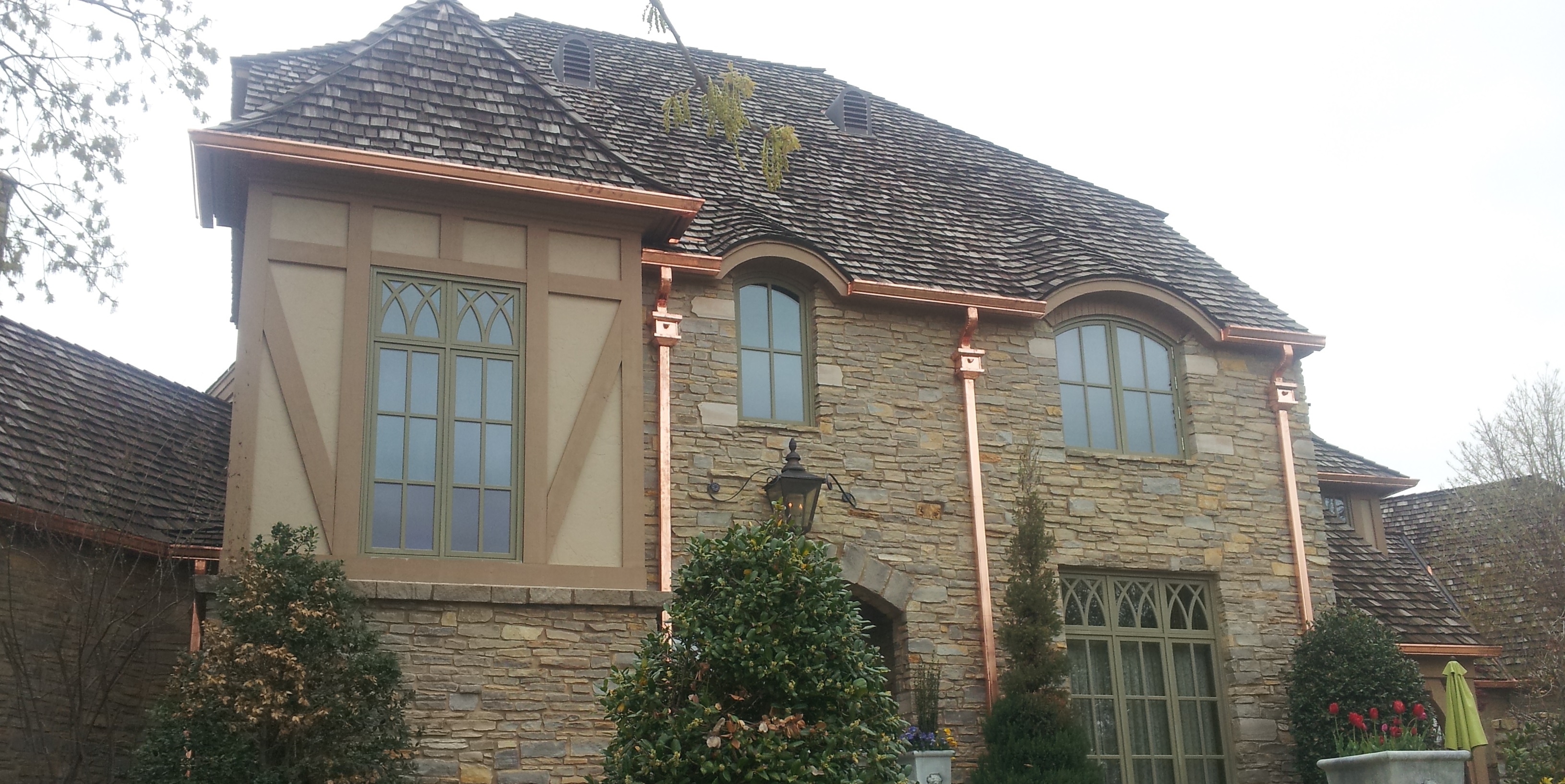 copper gutters on house